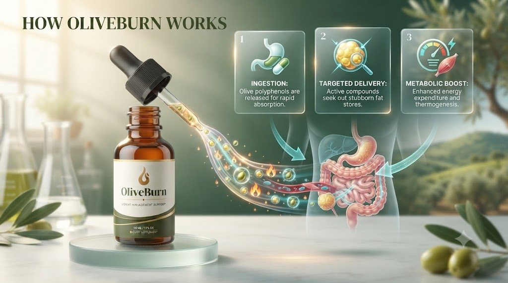 Graphic titled How OliveBurn works showing a dropper bottle and three steps: ingestion, targeted delivery and metabolic boost